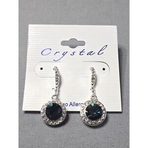 Dark Blue Crystal Halo Drop Earrings Silver Tone